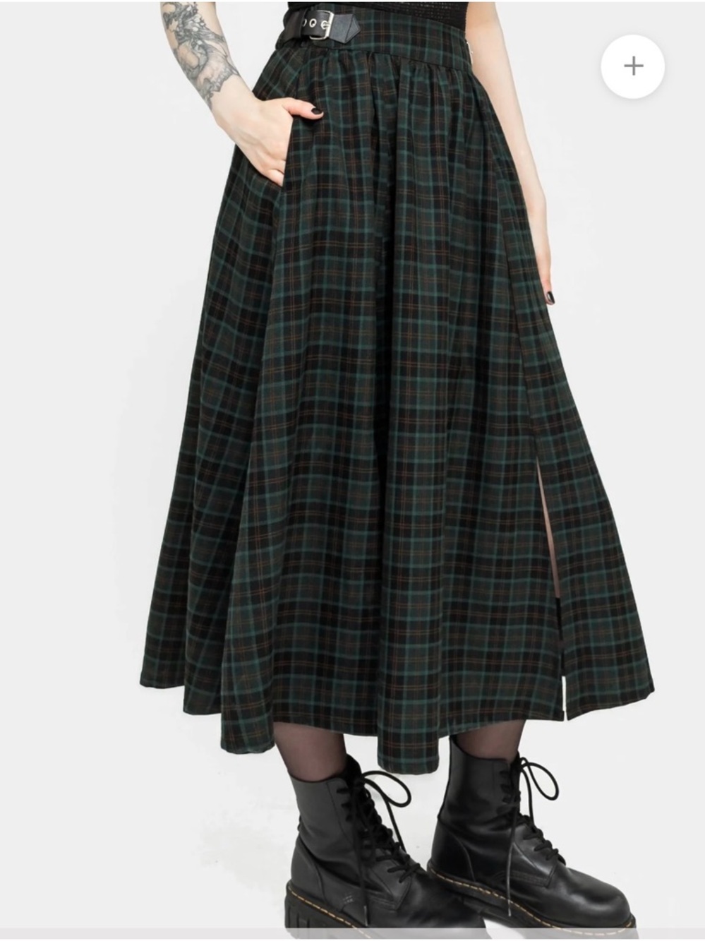 Disturbia Women’s Dark Green Plaid Midi Skirt with Side Slit